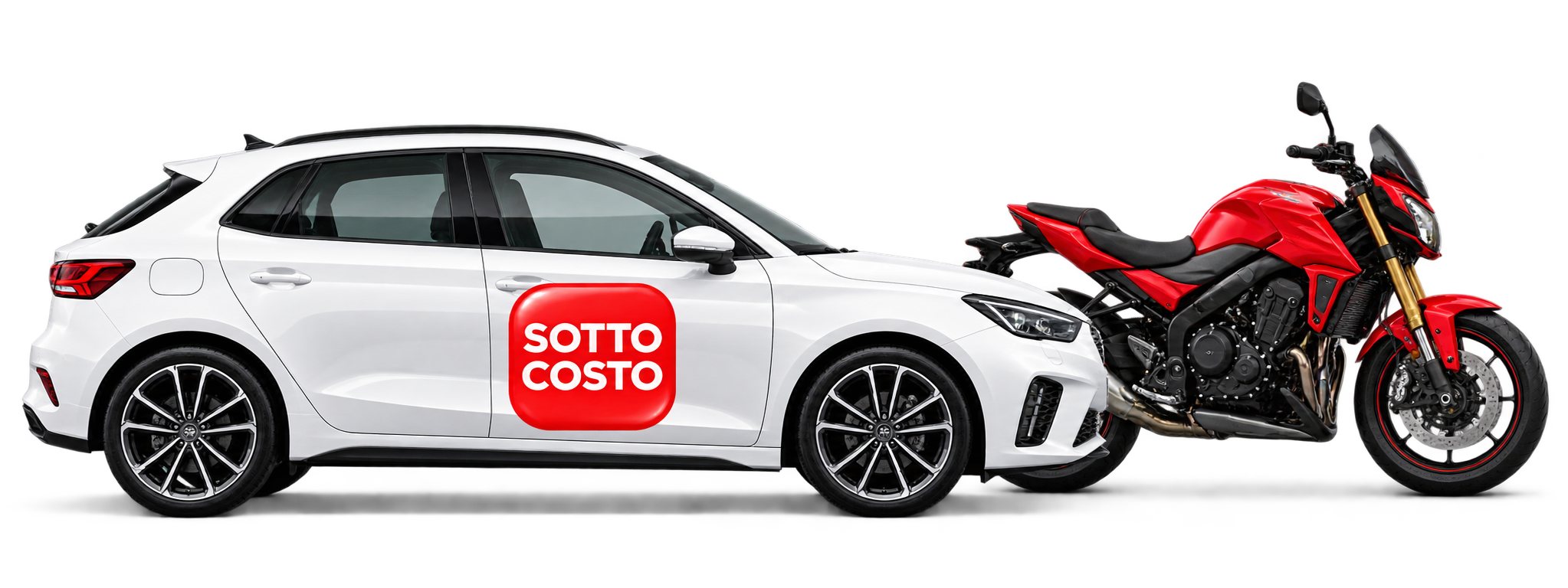 Auto bianca con logo Sottocosto e moto rossa